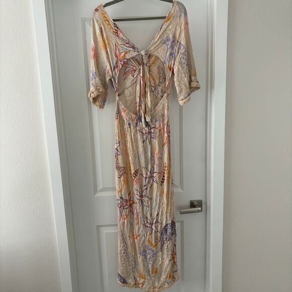 Z&L EUROPE V-neck Tie Up Open Back Bell Sleeves Trimmed 54"Long Maxi Dress sz L - Picture 2 of 8